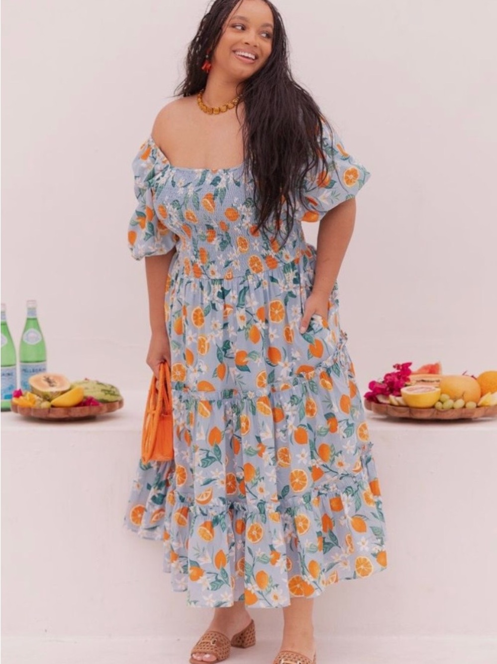 Jessakae Clementine smocked midi Dress M blue citrus orange cotton tiered NWT - Picture 4 of 12